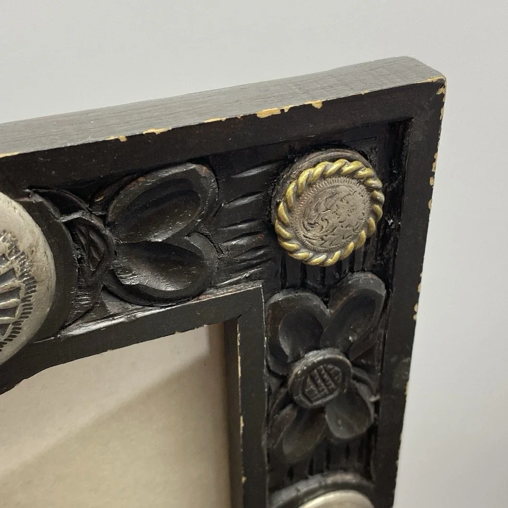 Western Style Picture Frame Carved Wood Silver Tone Concho 4x6 Photo 8.5